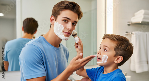 Father carefully applying shaving cream on his adorable boy nose perfect for a joyful and educational morning grooming concept