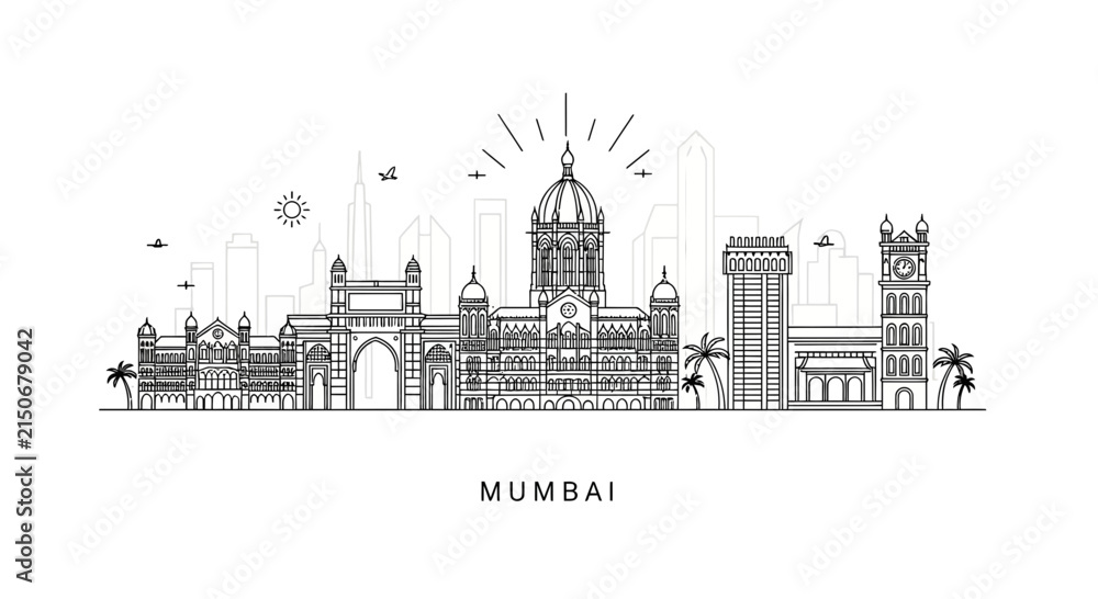 Naklejka premium Mumbai skyline outline illustration, iconic landmarks, modern city architecture, India