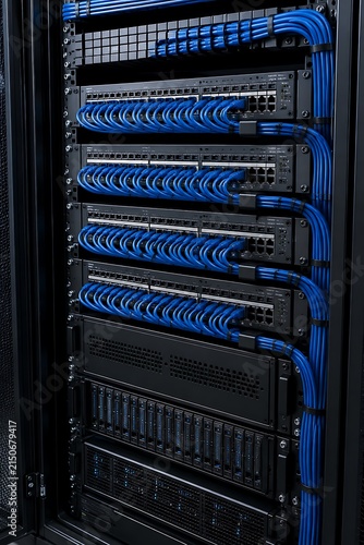 Neat vertical server rack rackmount network switches with organized blue patch ethernet cables inside secure enterprise data center facility