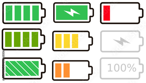 Battery Level and Charging Status Icon Set with Colorful Battery Indicators