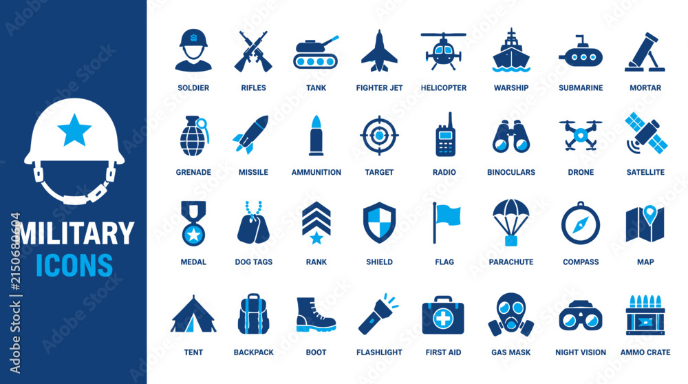 Obraz premium Collection of Military Icons and Symbols for Defense.