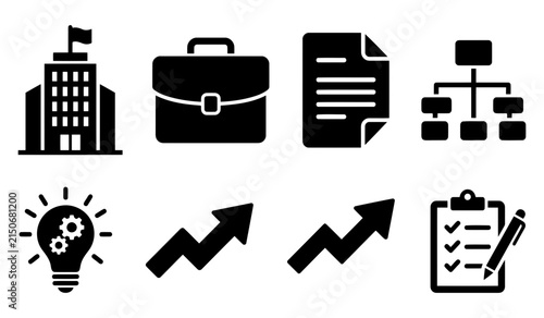 A collection of solid black business icons featuring a building briefcase documents charts ideas and concepts of growth