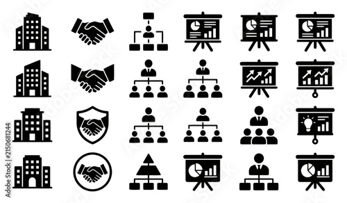 A collection of black silhouette icons illustrating key business ideas including growth strategy corporate partnerships and organizational structure concepts
