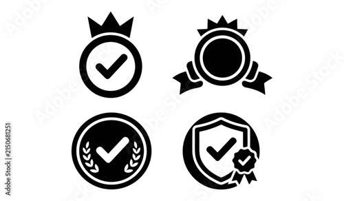 A collection of four monochrome quality control icons displaying checkmarks crowns shields and laurel wreaths for verification and approval