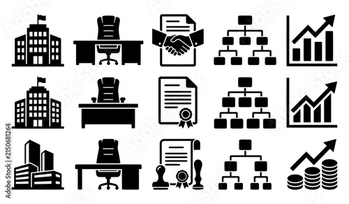 Black silhouette icons illustrate business growth office management corporate strategy and related concepts on a clean white background