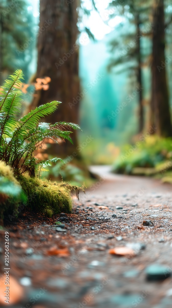 Fototapeta premium Tranquil Forest Pathway with Tall Trees and Green Plant Life on a Clear Day, Nature Scene