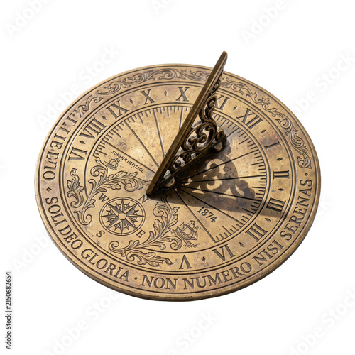 Vintage brass sundial isolated on white. Antique solar clock with engraved Roman numerals.