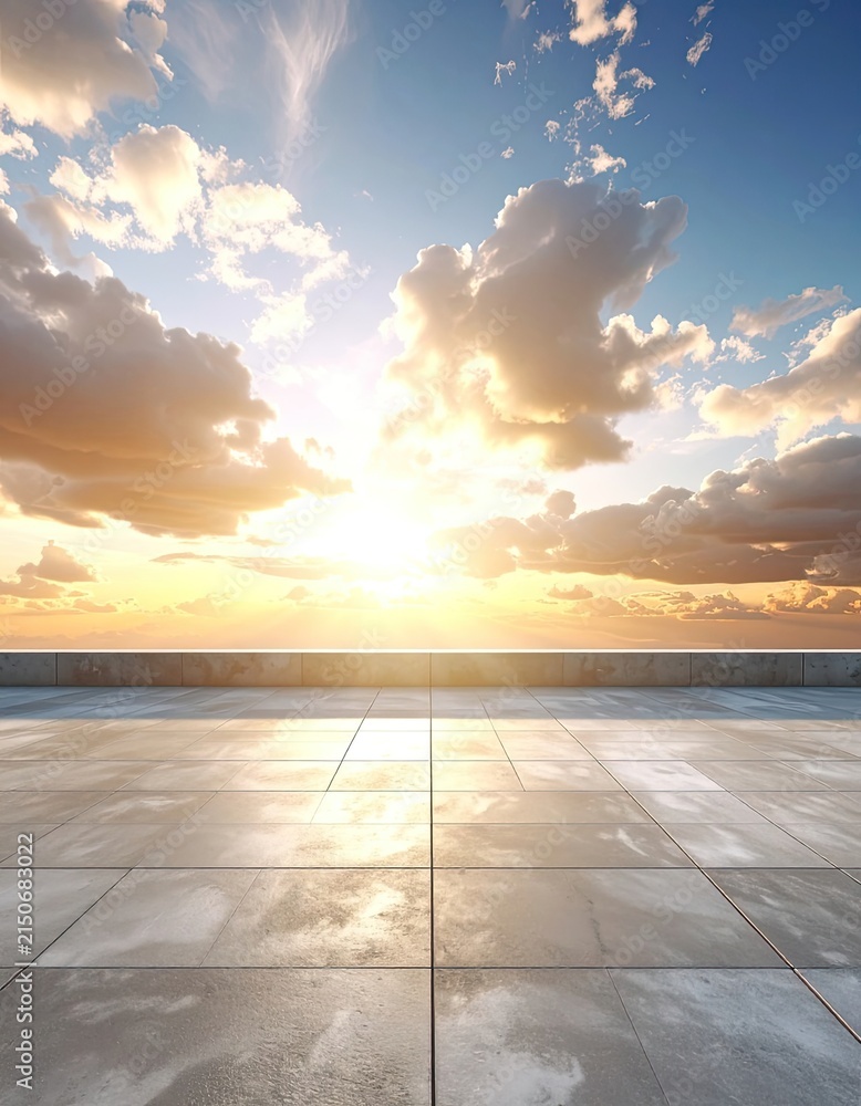Fototapeta premium A beautiful sunrise over a tiled patio with dramatic clouds.