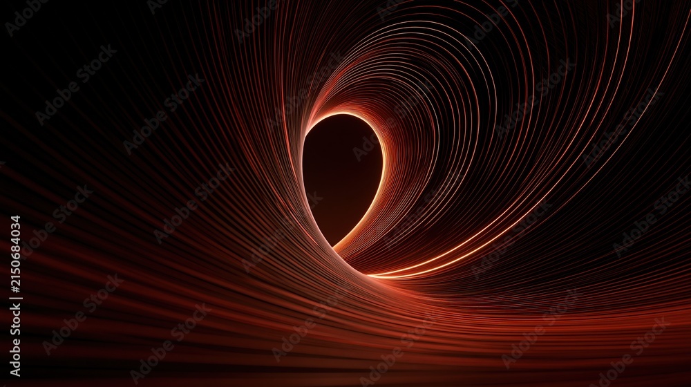 Obraz premium Abstract futuristic 3d tunnel made of glowing orange curved parallel lines on pure black background creates dynamic flowing modern abstract art design