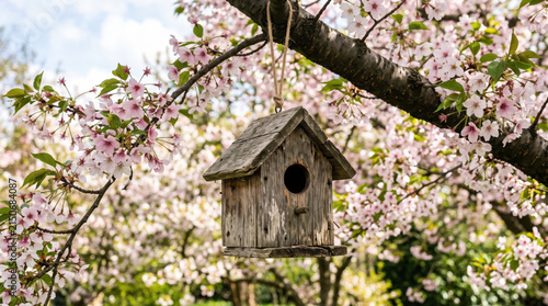 Wooden birdhouse tree branch blossom flower garden rustic spring nature hanging shelter amid pink bloom, weathered wood and fresh foliage in peaceful outdoor habitat
