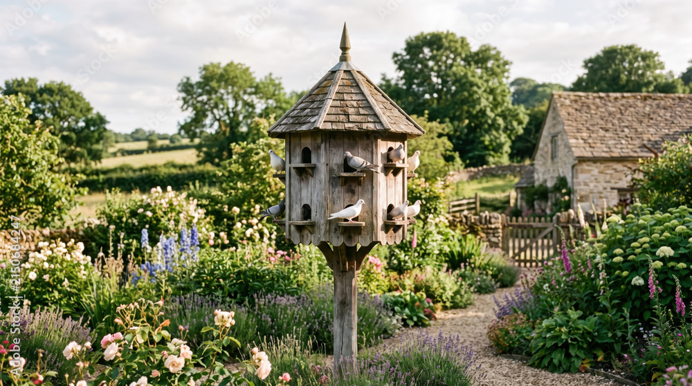 Obraz premium Weathered wooden dovecote garden birdhouse rustic cottage, pigeon perched among flower border, path, stone building, tree, rural landscape