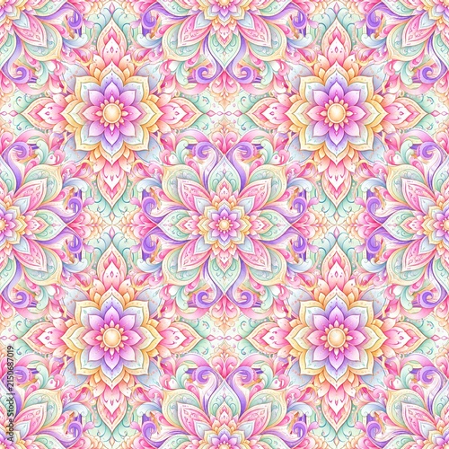 Pastel floral pattern with intricate, repeating mandala designs