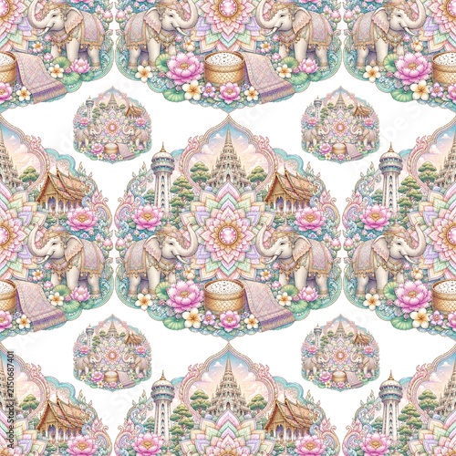 Elegant pattern features elephants, temples, and floral motifs