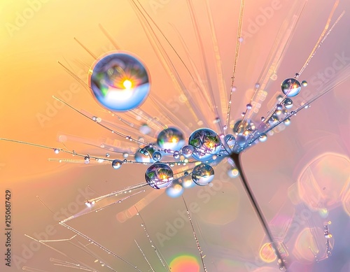 Close-up macro shot of water droplets on a dandelion seed head.