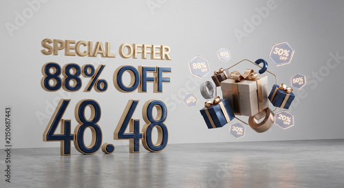 Elegant 3D render of a special offer discount banner featuring floating gift boxes.
