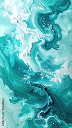Abstract swirling patterns of teal and white paint create a fluid and dynamic composition.