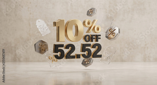 3D gold ten percent off text and black numbers floating against a neutral background.