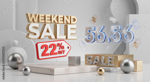 3D weekend sale banner with gold lettering and a red discount tag on a white podium.