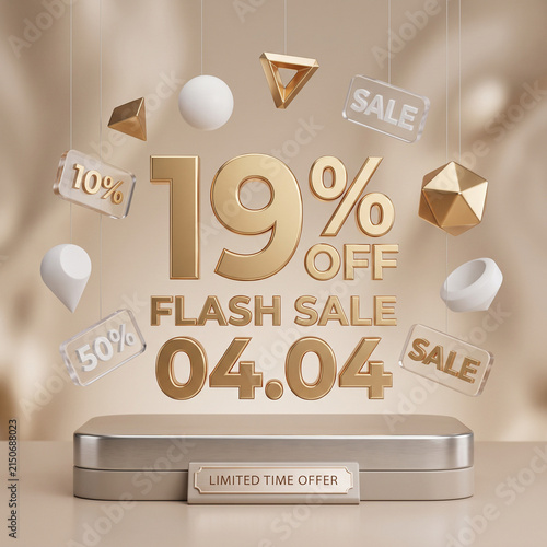 Golden 3D render of a 19 percent off flash sale banner with floating geometric shapes.