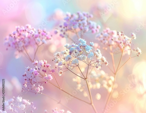 Soft focus macro shot of delicate pink and white baby's breath flowers with a dreamy bokeh background.