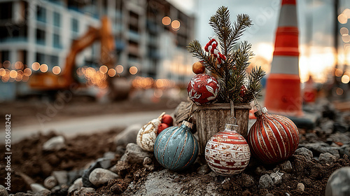 Festive construction site with holiday ornaments safety cone and evergreen on rock showcasing seasonal spirit combined with urban development and machinery activity at dusk