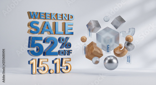 3D promotional banner featuring weekend sale text with floating geometric shapes.