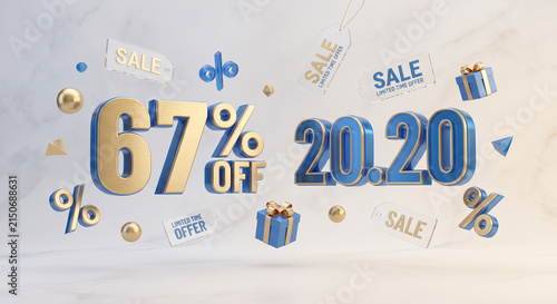 3D render of a sixty-seven percent discount sale banner with gold and blue text.