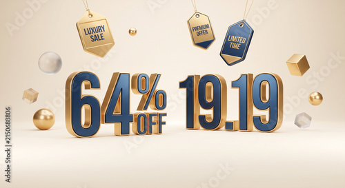 3D gold and blue sixty-four percent off discount sign on a light beige background.