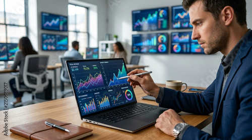 Businessman analyzes financial charts on laptop, trading desk, stock market data