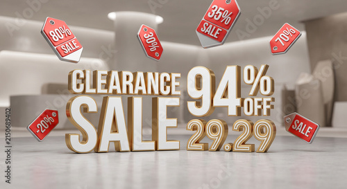 3D clearance sale sign with ninety-four percent discount text and floating price tags.