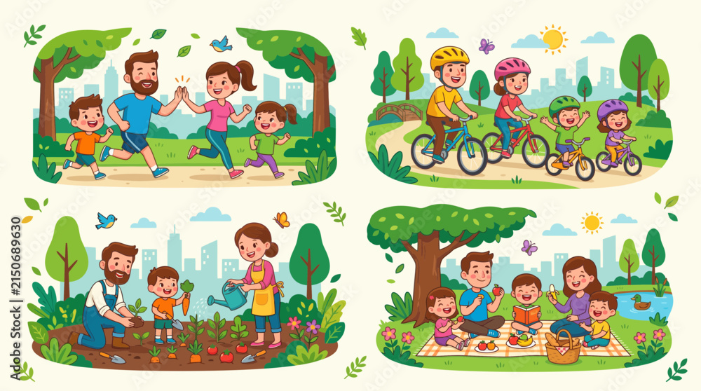 Naklejka premium Vector Illustration of Happy Family Spending Time Together in Nature Park