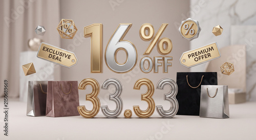 3D render of a sixteen percent off discount with gold and silver metallic numbers.