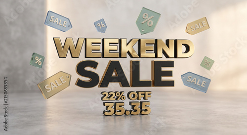 3D promotional banner featuring bold Weekend Sale text with floating price tags.