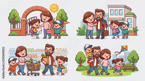 Vector Illustration of Happy Family Daily Activities and Outings
