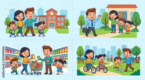 Happy Family Activities Daily Life Scenes Vector Illustration Set