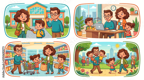 Family daily life activities collection cartoon vector illustration set