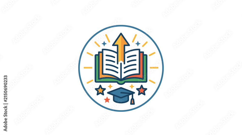Obraz premium Education Growth Icon: Open Book, Graduation Cap, Upward Arrow, Stars - Isolated on Transparent Background