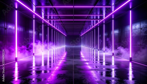Mysterious futuristic corridor with intense ultraviolet purple neon lights against a deep dark background