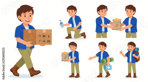 Vector illustrations of a cheerful young man engaging in various helpful and active lifestyle roles