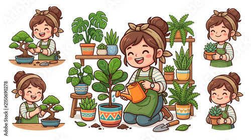 Cute Gardener Character Vector Set with Potted Plants and Bonsai Trees Illustration