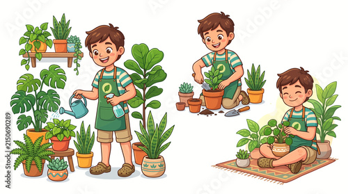 Joyful Young Boy's Houseplant Care Activities Vector Illustration Happy Child Gardening and Repotting
