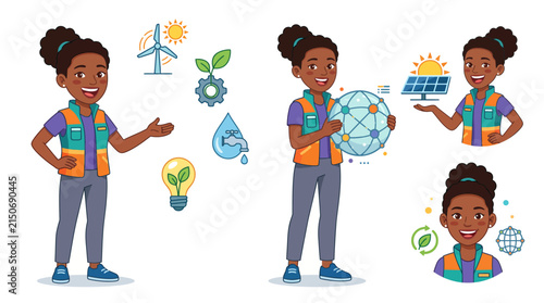 Diverse Young Female Engineer in Vector Illustration with Renewable Energy Icons