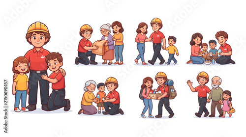 Vector Illustration Set of a Helpful Construction Worker Assisting Various Community Members