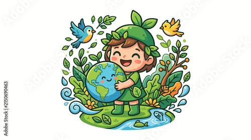 Vector Illustration of a Happy Child Hugging the Planet Earth Surrounded by Nature Elements
