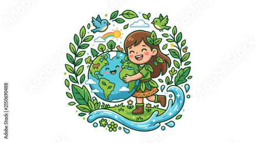 Vector Illustration of a Happy Girl Hugging Earth Surrounded by Nature's Bounty