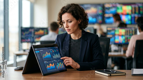 Focused businesswoman analyzing financial charts on tablet in modern office with data displays