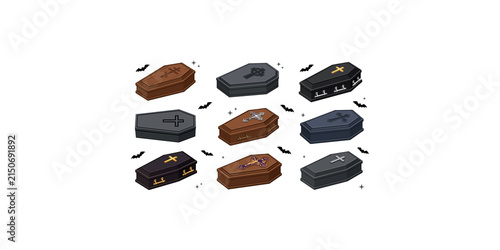 фотографія Collection of wooden and stone coffins with religious symbols for burial and funeral services