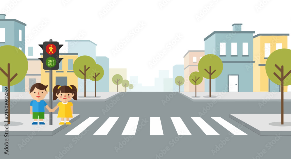 Naklejka premium Children at crosswalk with traffic light, traffic safety, city street illustration