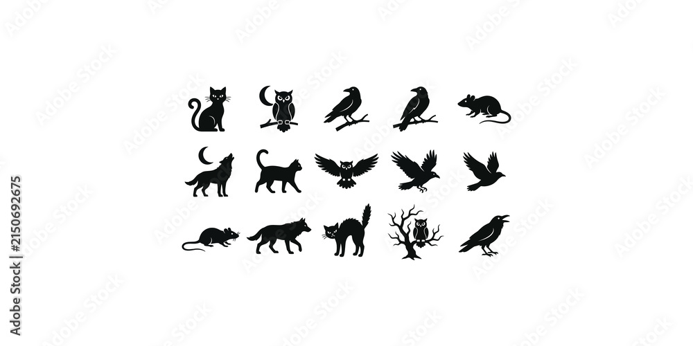 Fototapeta premium Halloween animals including cats crows owls and rats for spooky scenes.