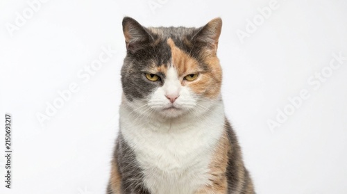 Grumpy Calico Cat Face Portrait Studio White Background.